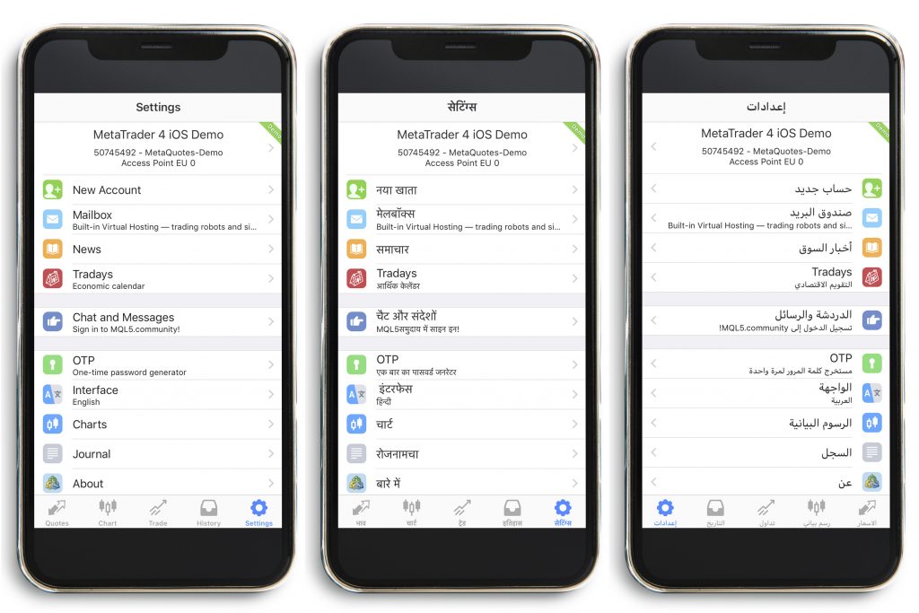 MetaTrader 4 iOS multilingual interface